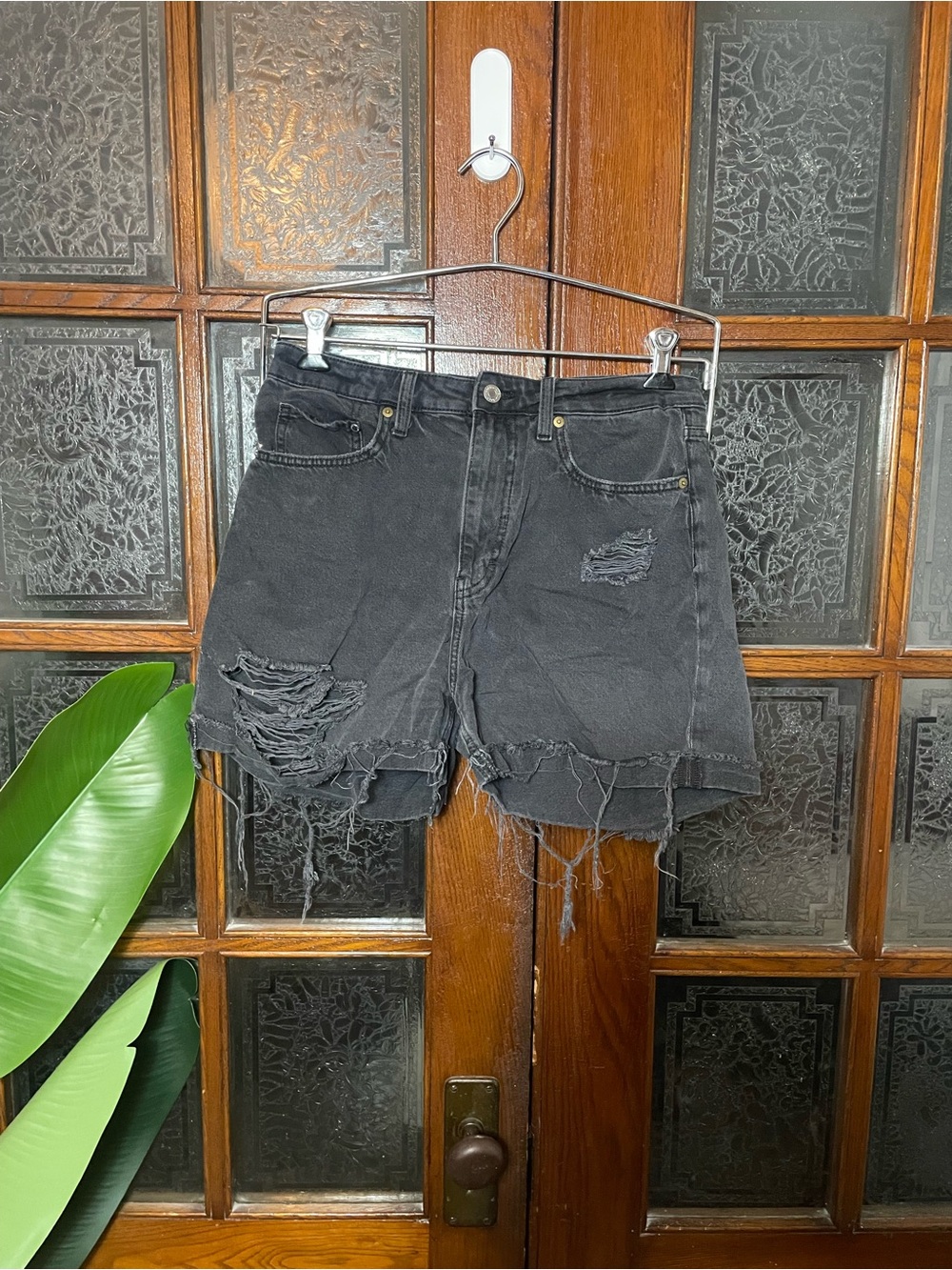 H&M Black Distressed High-Rise Denim Shorts